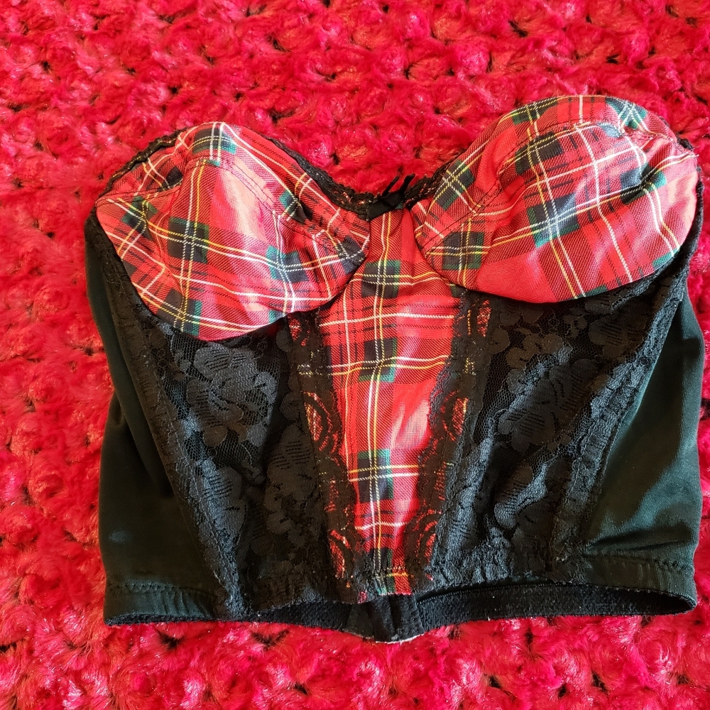 ❤Red plaid bustier, size 34B, gently worn, some wear spots, vintage❤